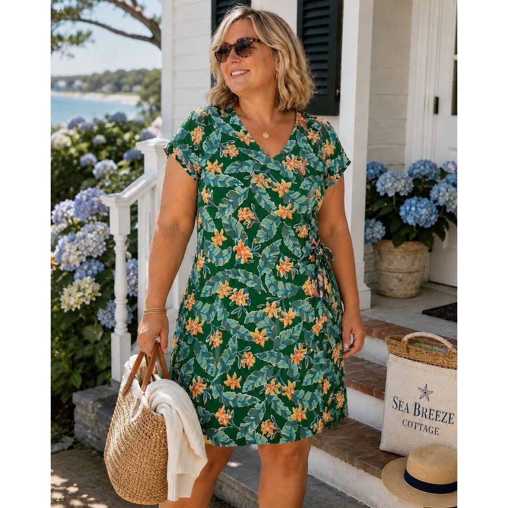 Lands End Womens 2X Tropical Floral Faux Wrap Dress Green Palm Leaf V-Neck‎ Knit